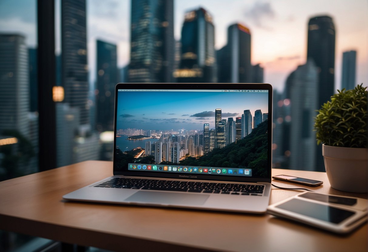 A MacBook surrounded by promotional materials, with a Singaporean backdrop