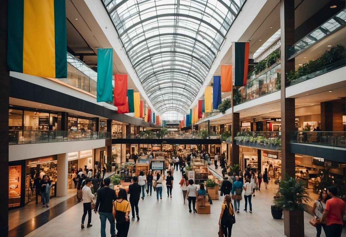 A bustling mall with colorful promotional displays and banners, people browsing and interacting with vendors, and a lively atmosphere