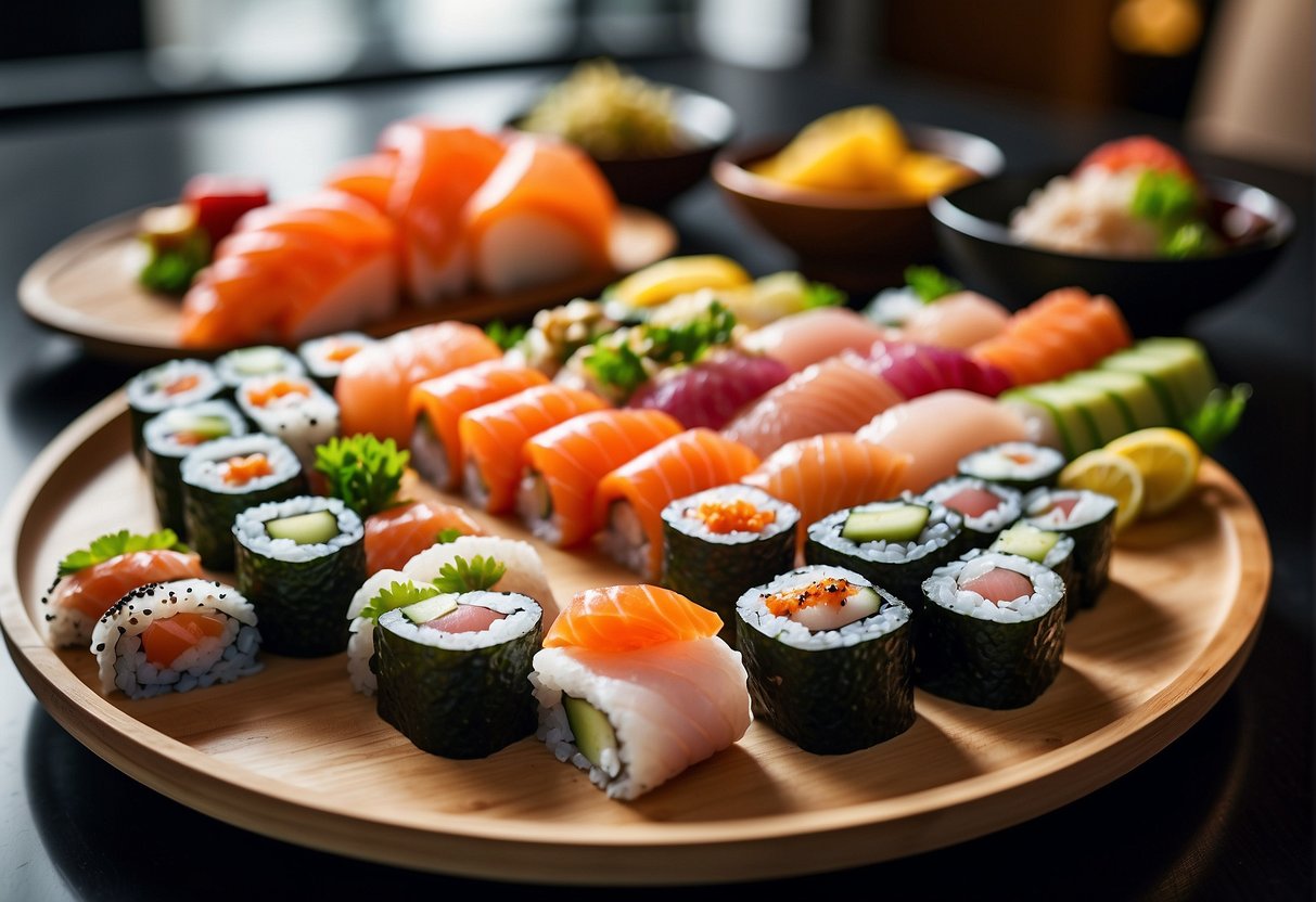 Colorful sushi rolls and sashimi platters displayed on a sleek, modern table with a banner reading "Dive into Delectable Deals itacho promotions singapore."