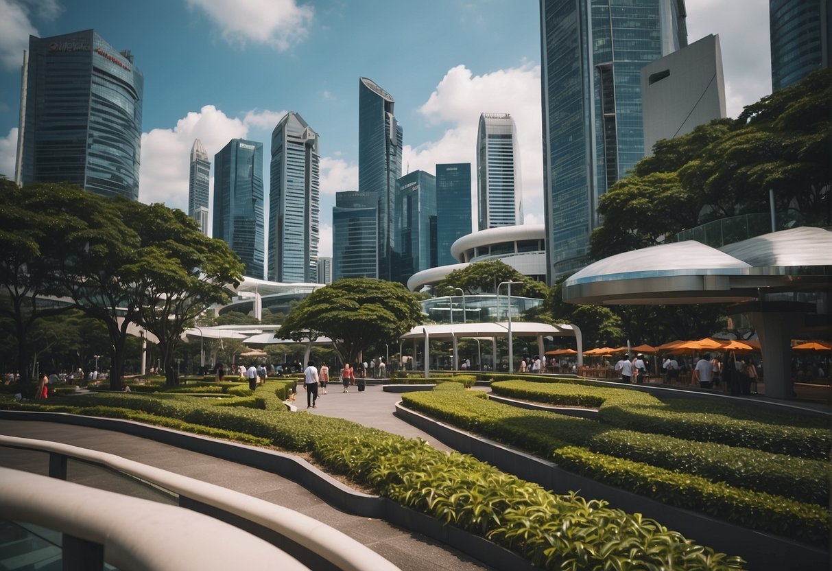 A vibrant cityscape with iconic landmarks and bustling streets, showcasing the diverse culture and modern lifestyle of Singapore