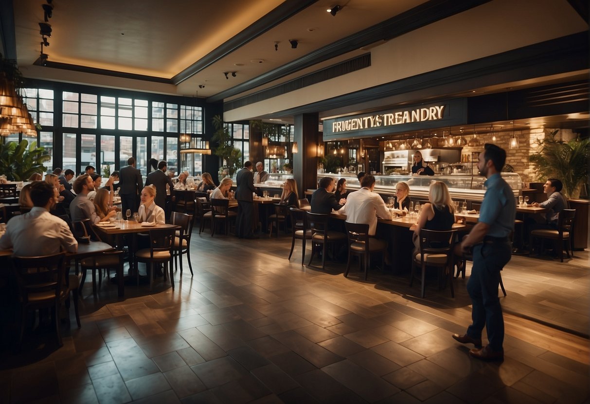 A bustling restaurant with a prominent "Frequently Asked Questions" sign at the entrance, surrounded by happy diners and attentive staff