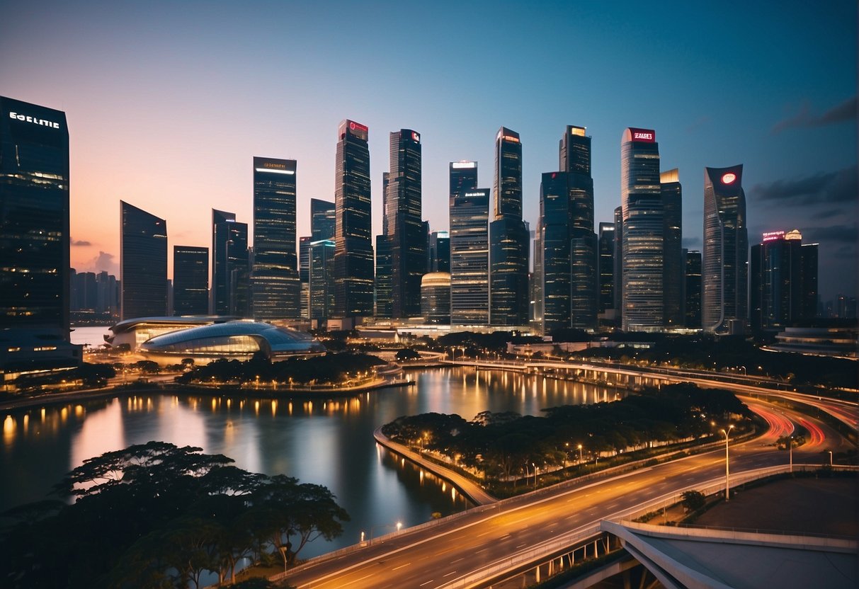 A bustling cityscape with modern buildings and vibrant street life in Singapore