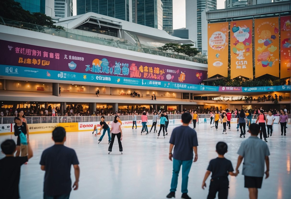 People of all ages enjoying ice skating at a lively rink in Singapore, surrounded by colorful promotional banners and signs