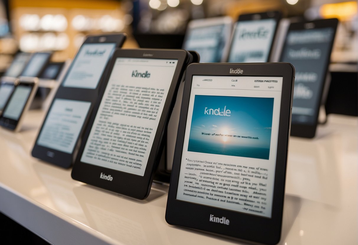 A stack of Kindle e-readers displayed with promotional banners in a bright, modern store setting