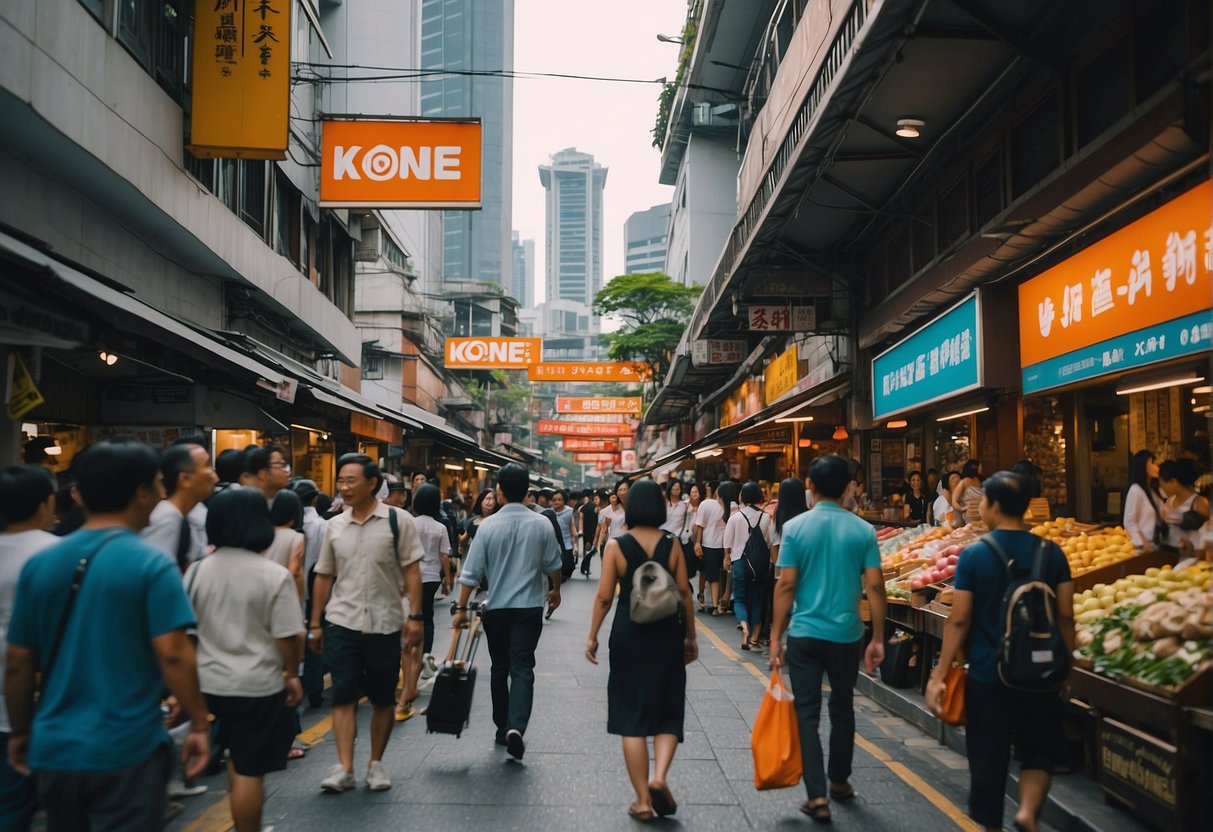 A bustling street in Singapore with a prominent Kogane Yama promotions sign, surrounded by colorful shops and busy pedestrians
