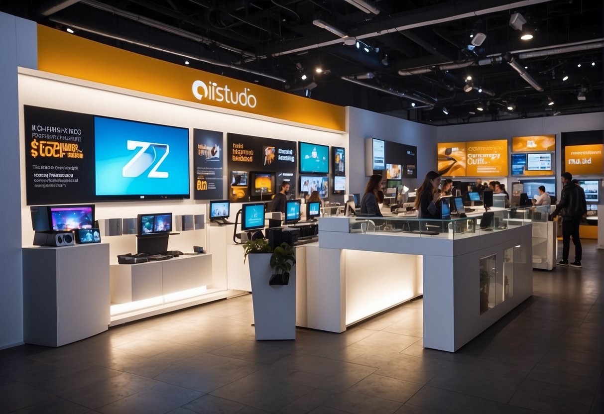 Brightly lit iStudio Outlet with bold promotional signage and bustling crowds. Displays of high-tech gadgets and accessories draw attention
