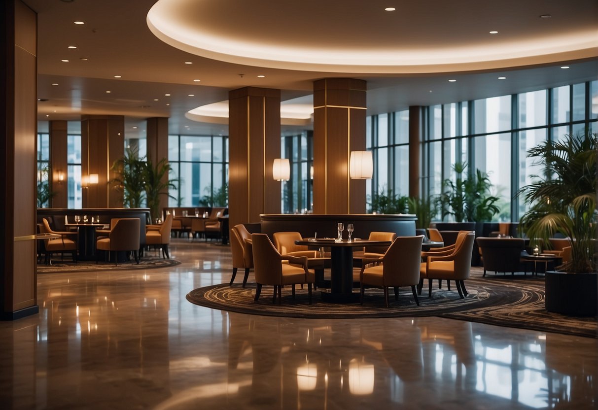 The elegant hotel lobby exudes luxury with its modern furnishings and warm lighting. The restaurant offers a chic and inviting atmosphere, with tables set for fine dining