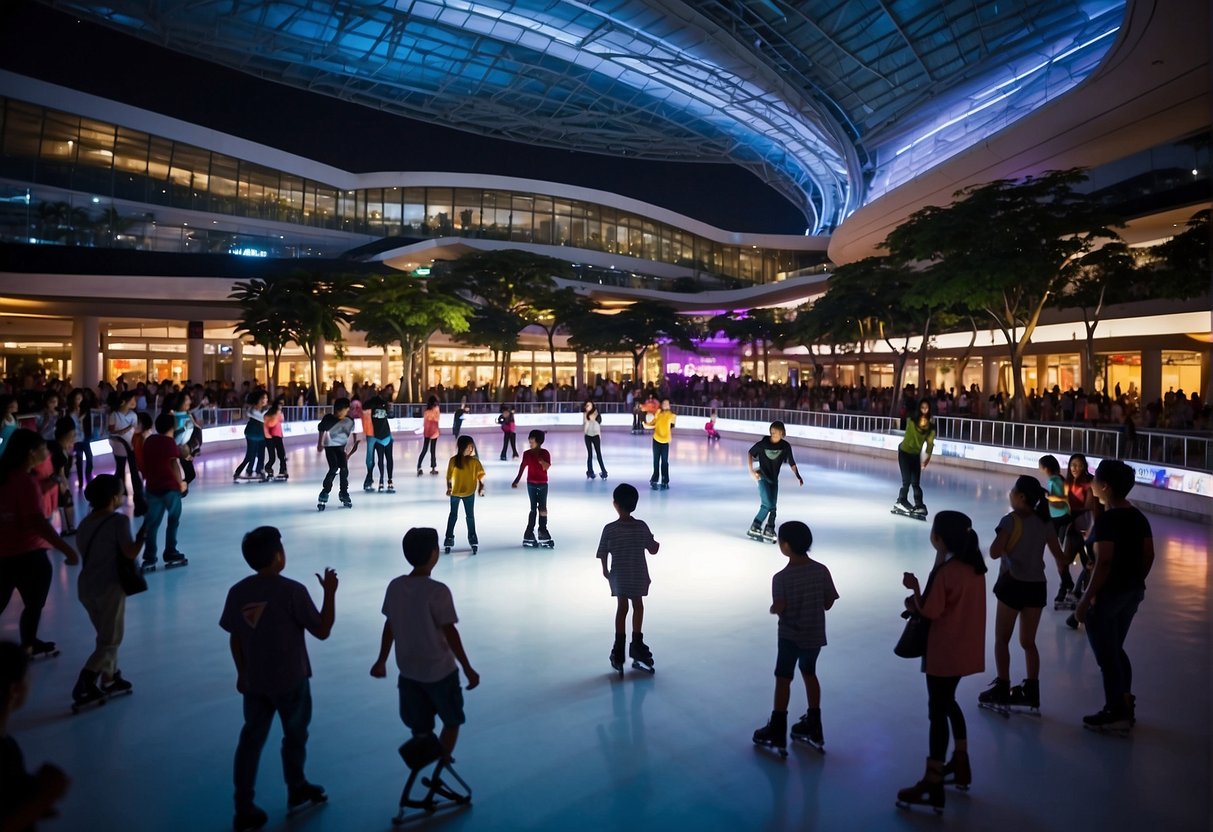 People of all ages enjoying ice skating promotions in Singapore. Bright lights, colorful banners, and energetic music create a lively atmosphere