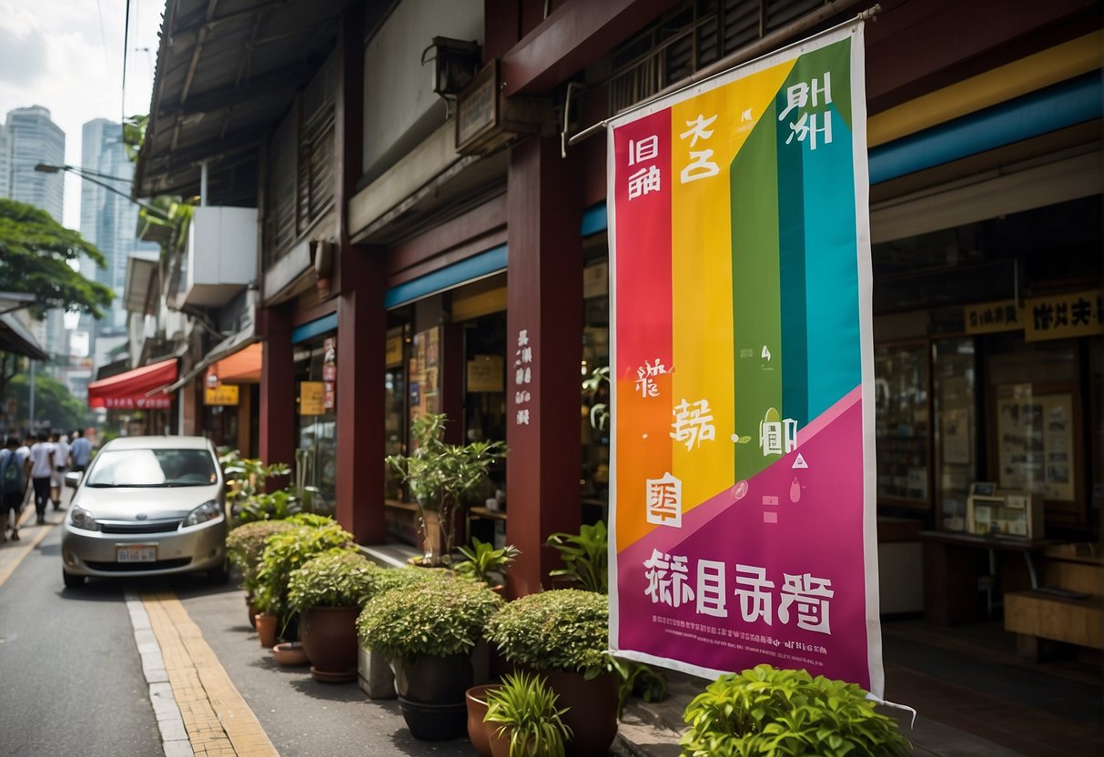 A colorful banner hangs outside Kogane Yama, advertising their latest promotions in Singapore. The vibrant display catches the attention of passersby