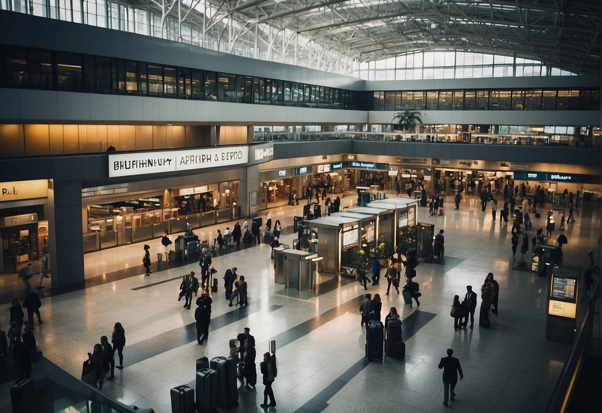 A bustling airport terminal with people from various cultures, signage in multiple languages, and a prominent "Frequently Asked Questions" booth