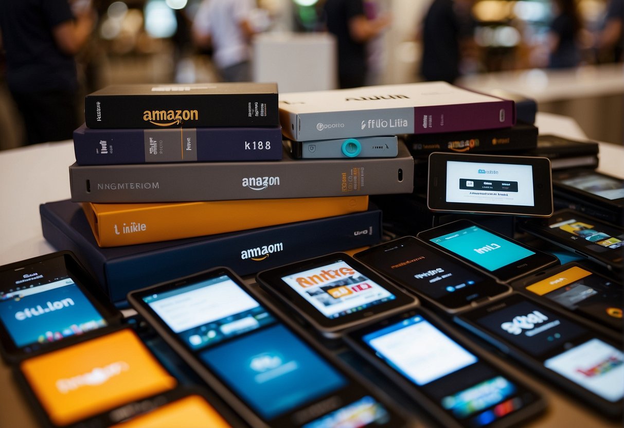 An Amazon logo shines above a stack of Kindle devices, surrounded by promotional banners and exclusive deals in a bustling Singapore market