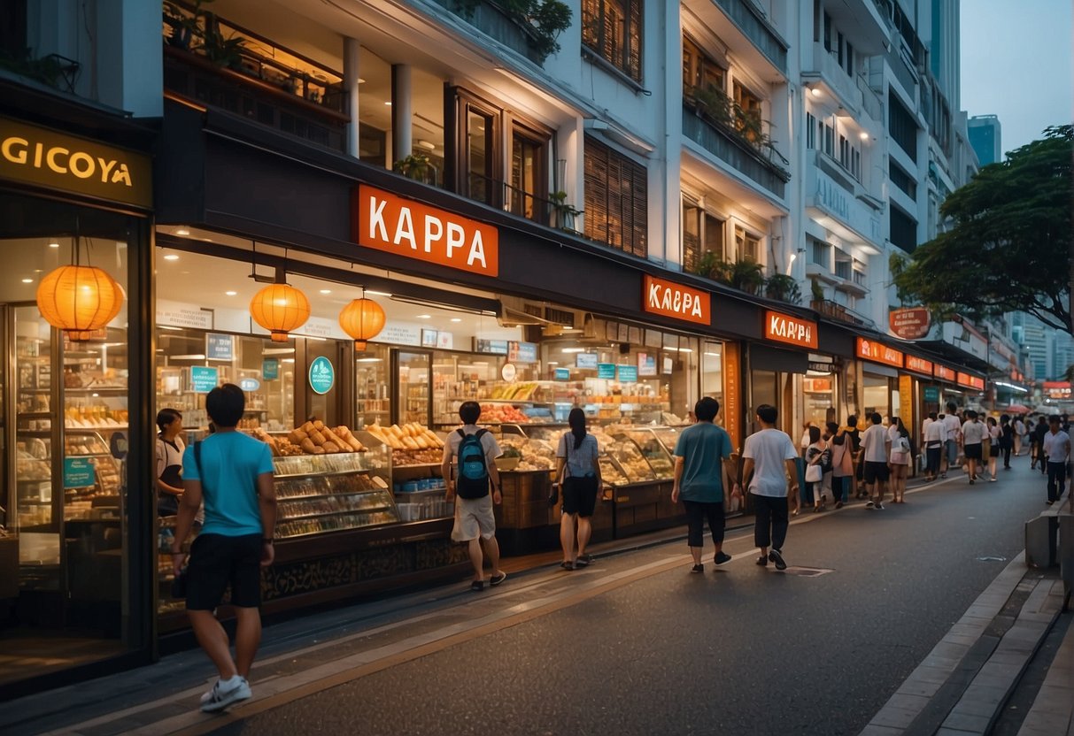 A bustling Singapore street with Kappa logo displayed on storefronts and promotional banners