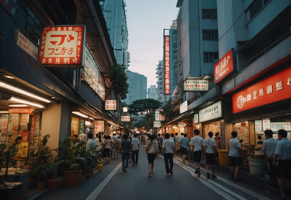 A bustling street with a prominent sign for "Frequently Asked Questions" at Kogane Yama promotions in Singapore