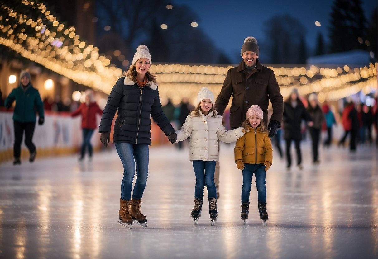A family glides across a glistening ice rink, surrounded by twinkling lights and festive decorations. Laughter and joyful shouts fill the air as they enjoy a fun-filled day of ice skating