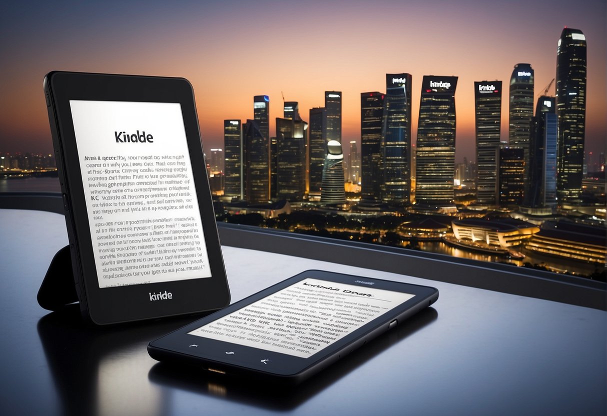 A stack of Kindle devices with a "Frequently Asked Questions" banner, set against the backdrop of a bustling Singapore cityscape