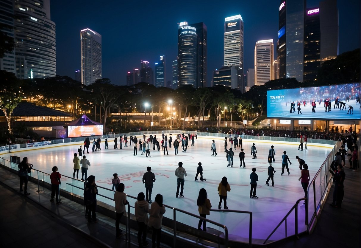 People gather at an ice skating rink in Singapore, with promotional signs and banners displayed around the area. The ice is smooth and glistening under the bright lights