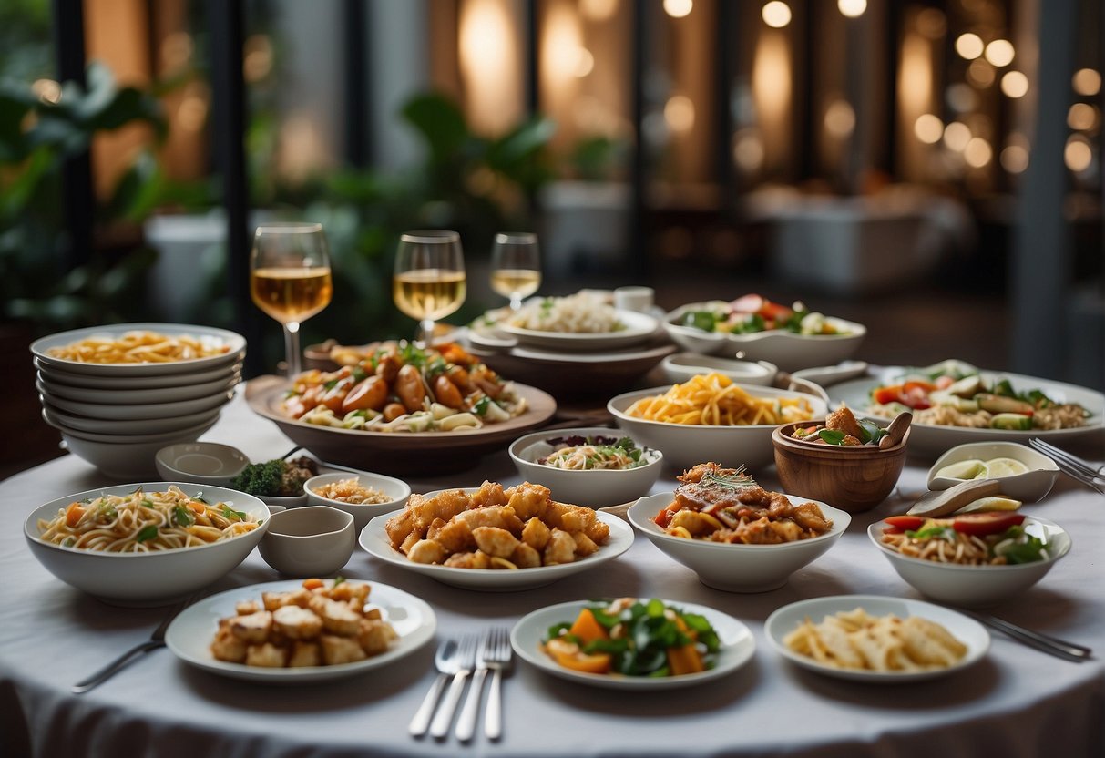 A table set with a variety of mouthwatering dishes, surrounded by elegant decor and a sign promoting dining offers in Singapore
