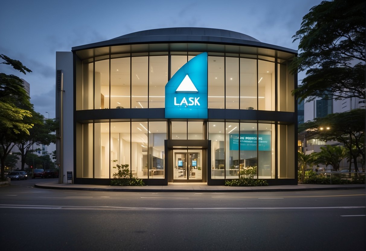 A bright, modern clinic with a prominent "LASIK promotions" sign in Singapore. The exterior features sleek, glass architecture and vibrant promotional materials