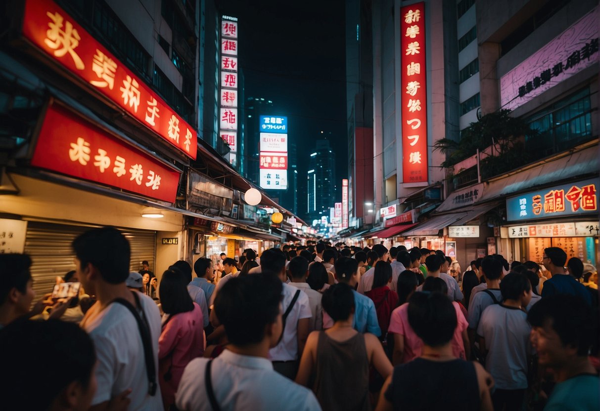 Vibrant neon lights illuminate a bustling street in Singapore, with the iconic "kyuu by shunsui" sign glowing in the background. The atmosphere is alive with energy and excitement, capturing the essence of the city's vibrant nightlife