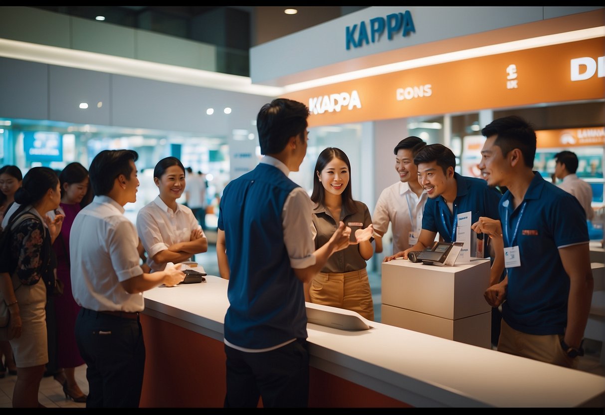 A group of people gathered around a promotional booth, engaging with staff and asking questions about Kappa products in Singapore