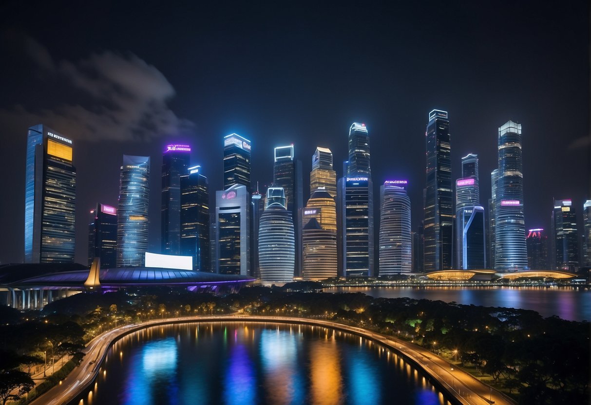 A futuristic cityscape with neon lights and high-tech digital lock displays, showcasing promotions in Singapore