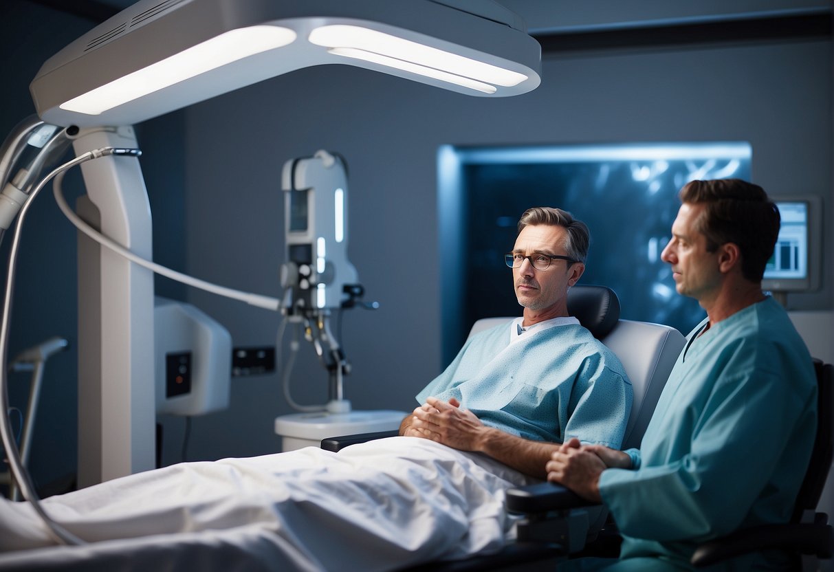 A patient lies on a reclined chair, gazing up at a laser machine. A surgeon stands nearby, preparing for the LASIK procedure