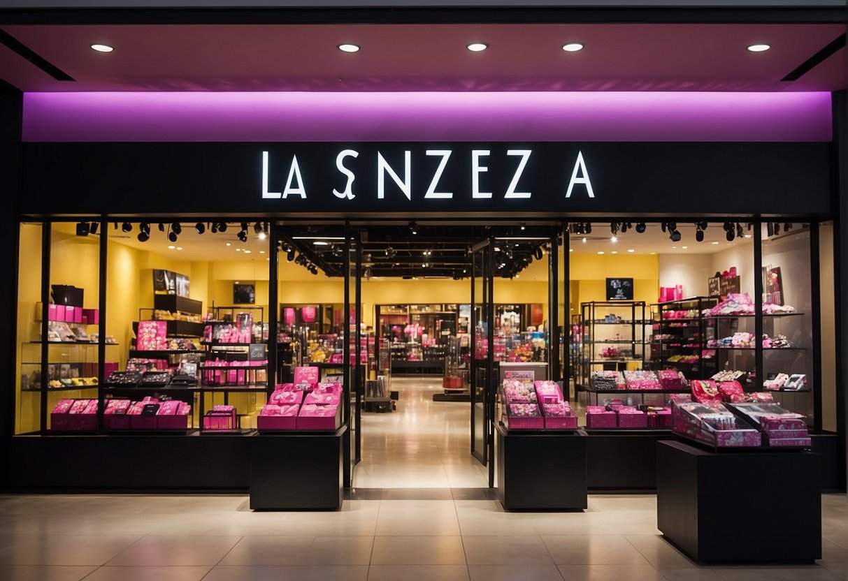 A bright, eye-catching store display showcases La Senza promotions in Singapore. Bold signage and enticing product arrangements draw in potential customers