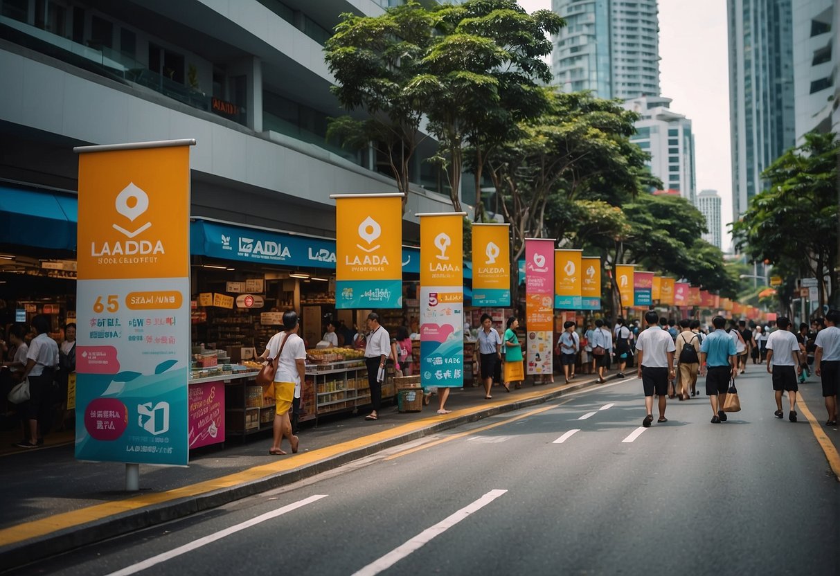 A bustling Singapore street with colorful banners and signs promoting Lazada sales