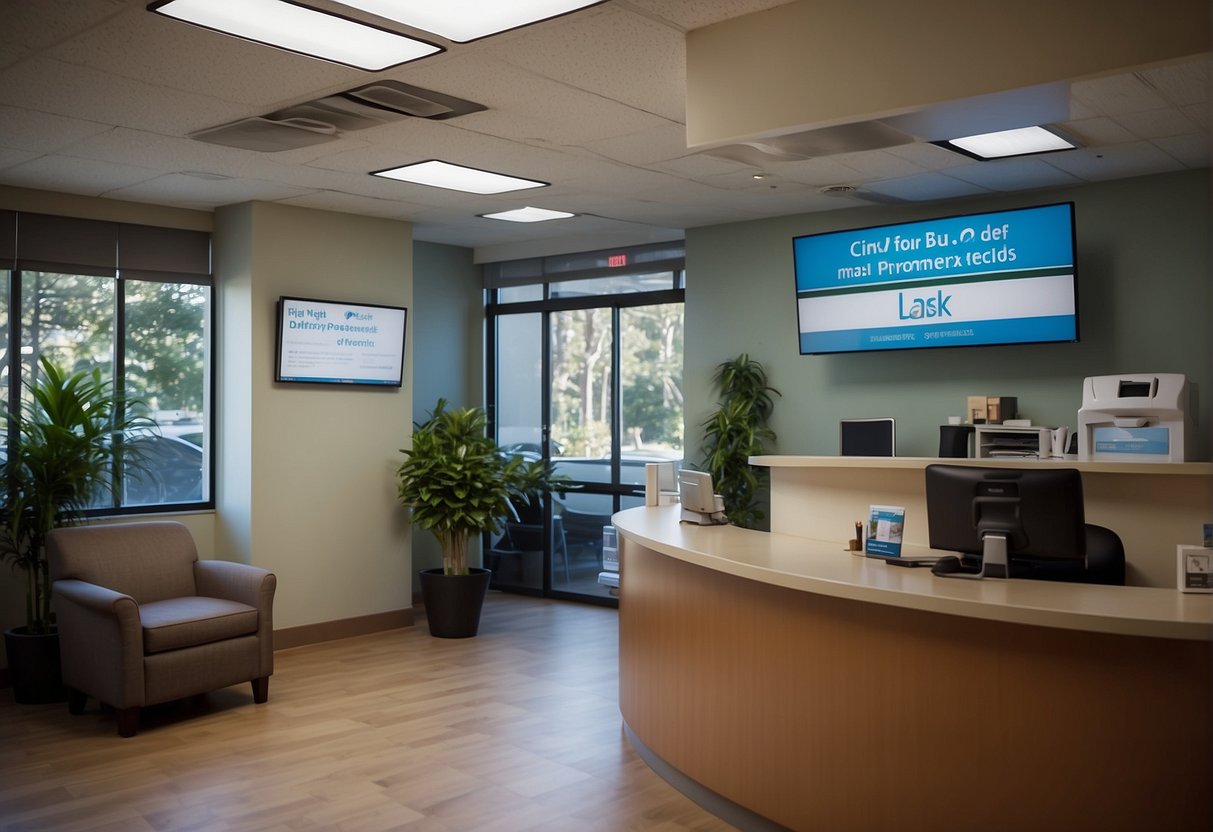 A bustling clinic with a prominent "LASIK Promotions" sign. Patients inquire at the front desk while staff members assist with paperwork and appointments