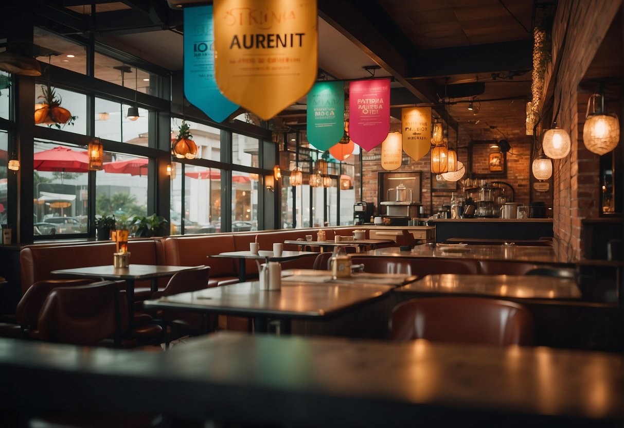 The restaurant's vibrant atmosphere is captured with colorful banners and enticing dining deals on display