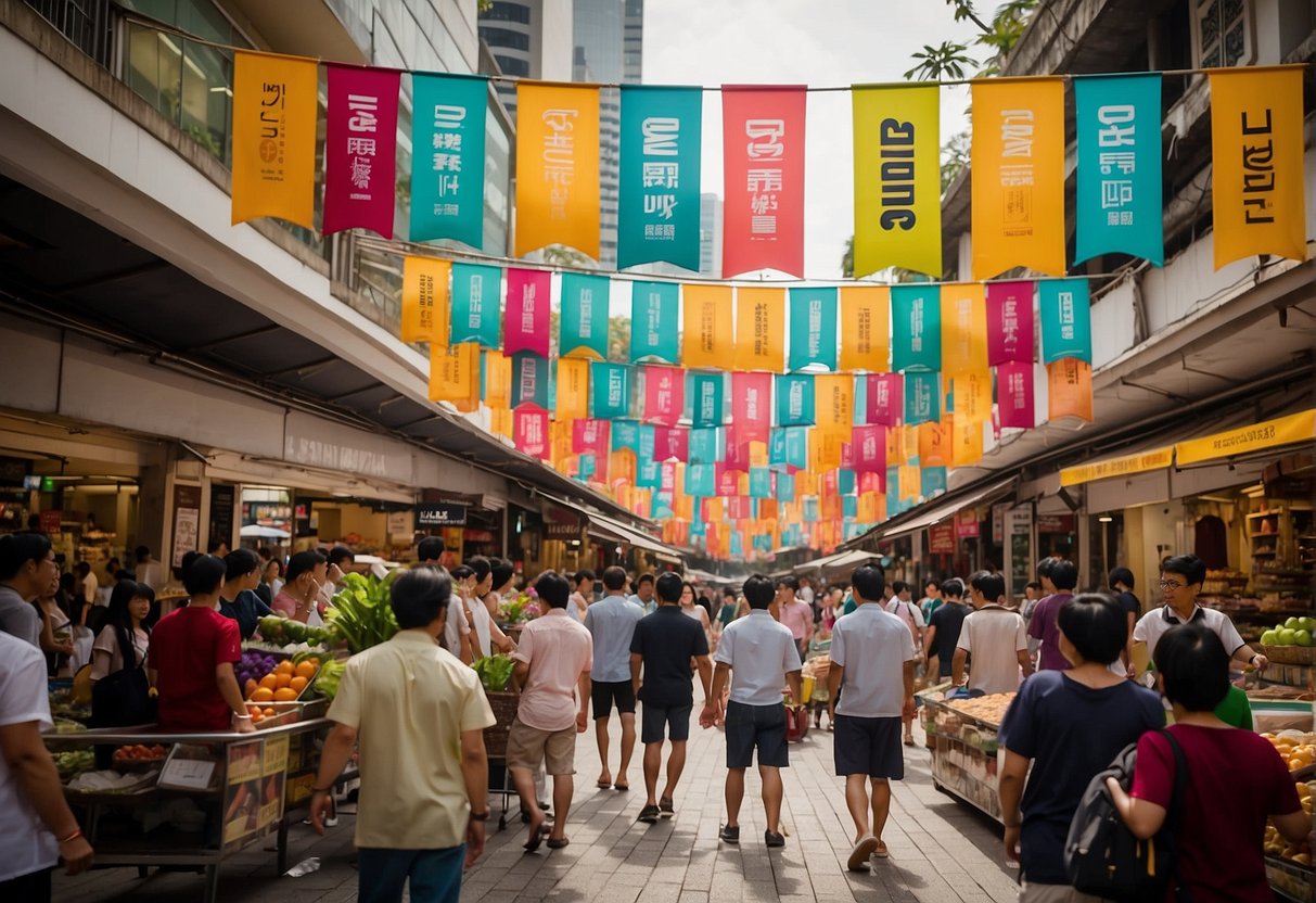 Colorful banners hang above a bustling marketplace, showcasing "Spring Spectacular Sale" promotions in Singapore. Shoppers eagerly browse through discounted items, creating a lively and energetic atmosphere