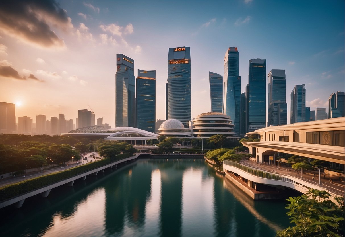 A vibrant cityscape with iconic landmarks and bustling streets in Singapore, showcasing the energy and excitement of JCO promotion