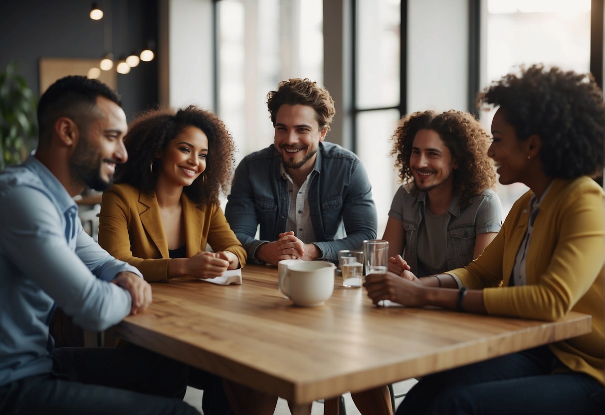 A diverse group of people gather around a table, exchanging ideas and collaborating on projects. The room is filled with energy and excitement as they work together towards a common goal