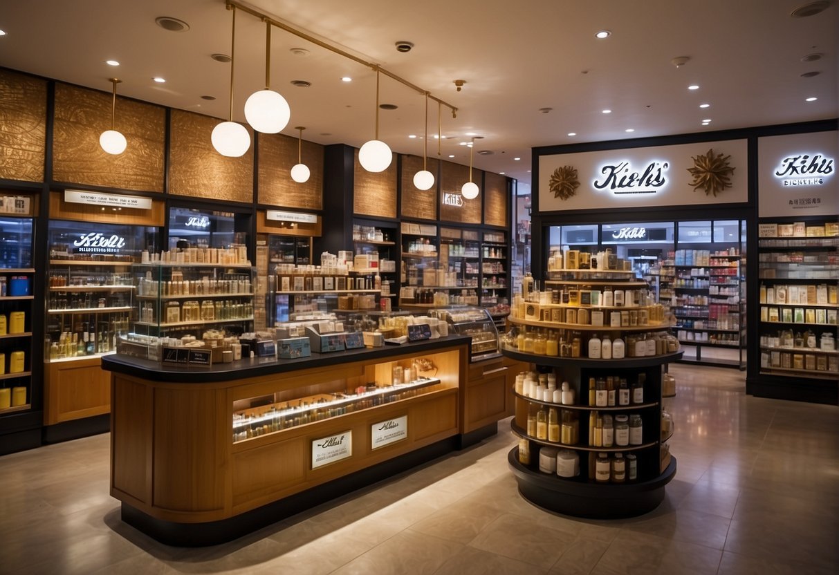 A vibrant display of Kiehl's products and promotional signage in a bustling Singaporean storefront