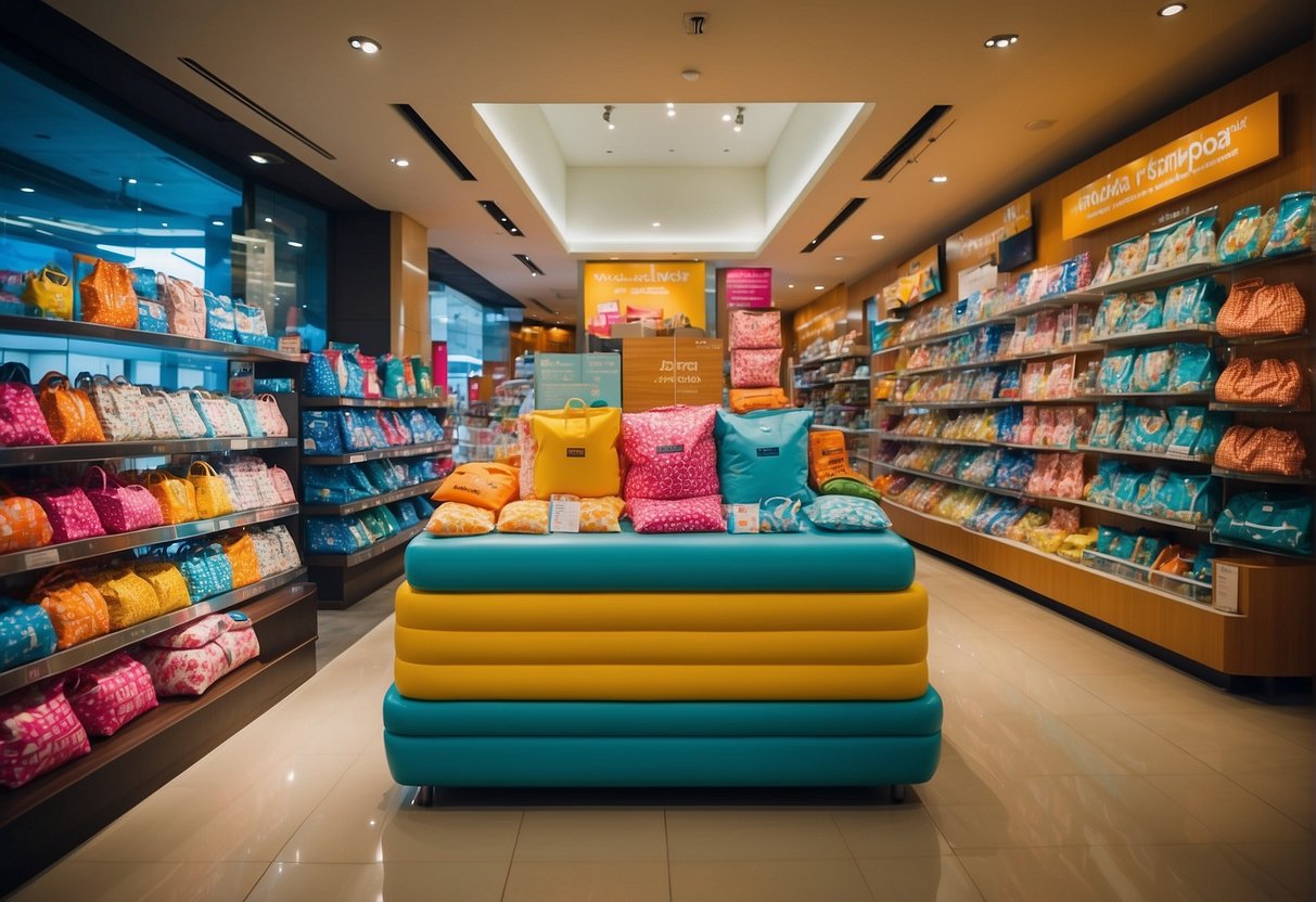 Vibrant display of summer products with Lazada promotions in Singapore, featuring beachwear, outdoor gear, and tropical-themed items