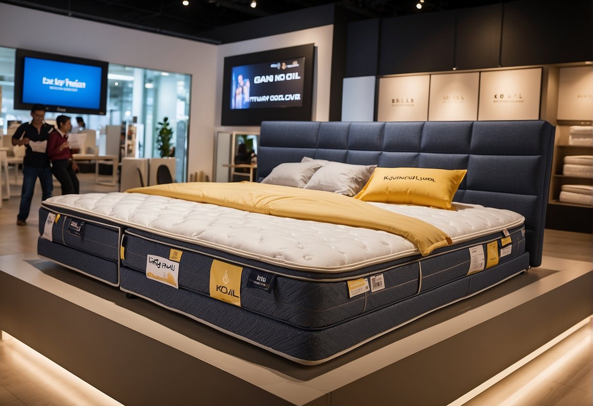 A grand display of King Koil mattresses with vibrant promotional banners in a bustling Singapore showroom