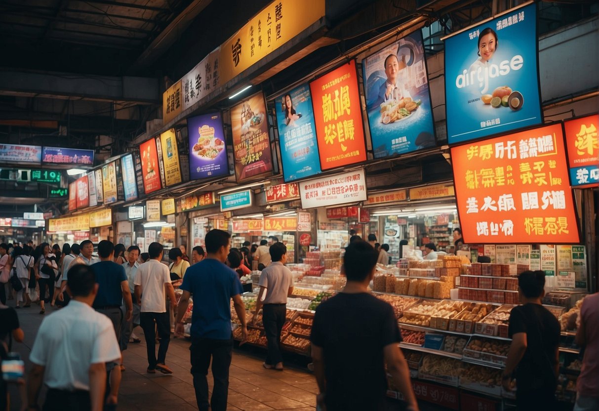 A vibrant display of promotional banners and signs in a bustling Singaporean marketplace