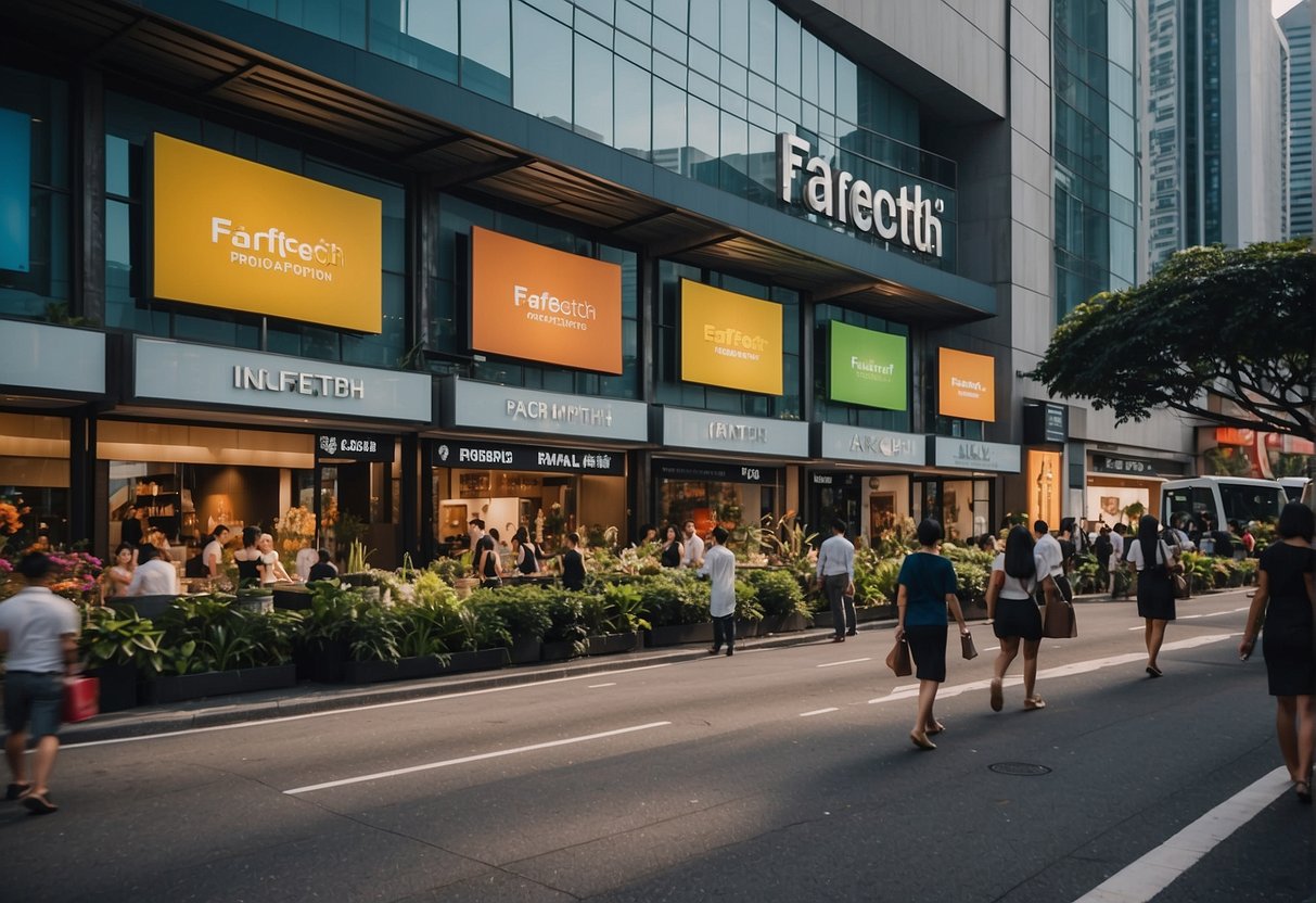 A bustling Singapore street with colorful Farfetch promotions displayed on shop windows and billboards