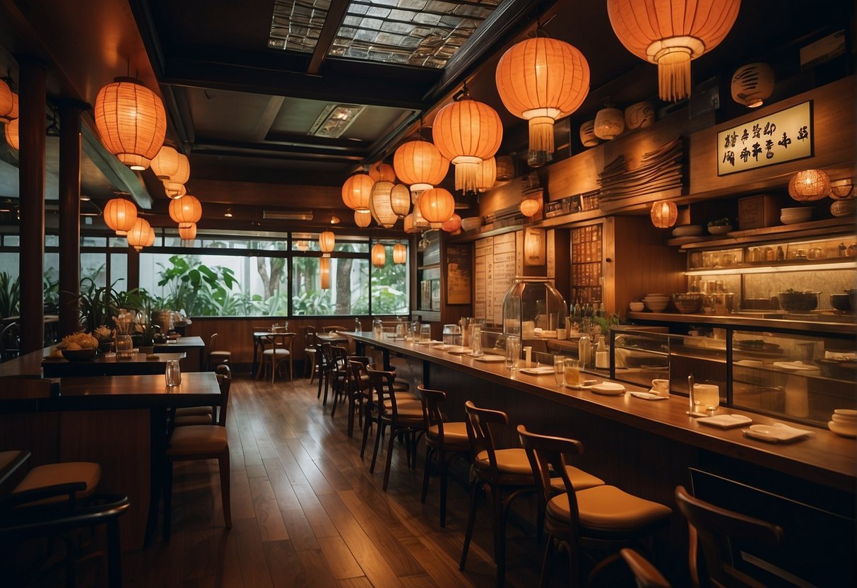 A vibrant restaurant scene with traditional Japanese decor, showcasing a variety of mouth-watering dishes and a prominent sign advertising "Unmissable Deals for Japanese Cuisine Aficionados" at kyuu by shunsui promotions in Singapore