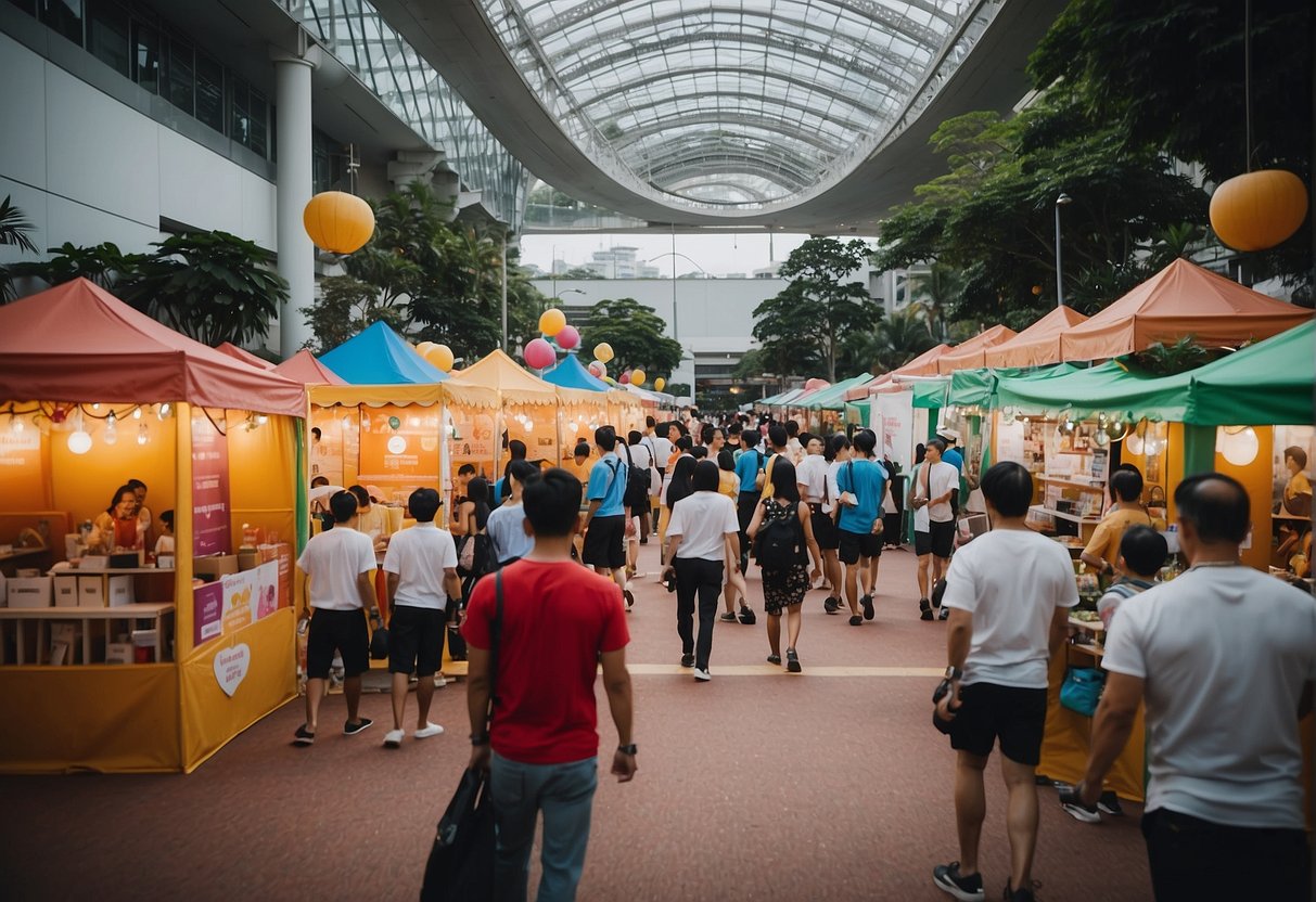 A vibrant and bustling health fair in Singapore, with colorful booths and engaging activities promoting wellness and vitality