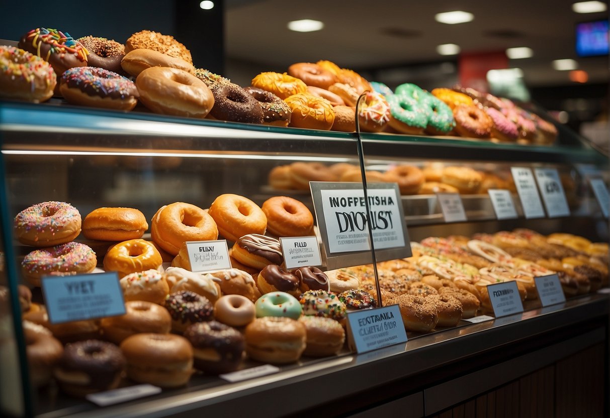 A colorful display of assorted donuts with promotional signage at a JCO store in Singapore