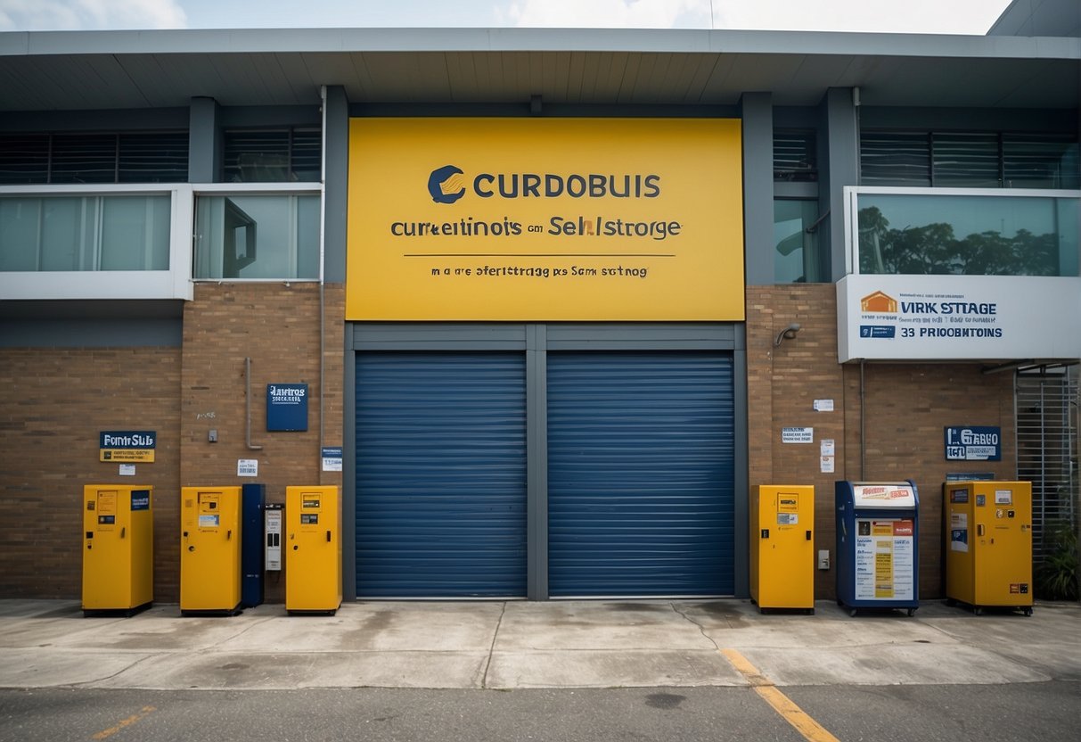 A bright, eye-catching banner displays "Current Promotions for Self-Storage" with bold lettering and attractive graphics. The banner is prominently placed at the entrance of a modern self-storage facility in Singapore
