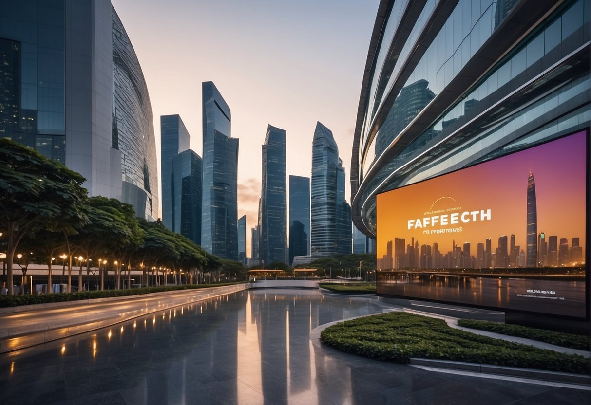 Vibrant digital banners showcase exclusive 2024 Farfetch promotions in a sleek, modern online setting. Singaporean landmarks subtly integrated into the background