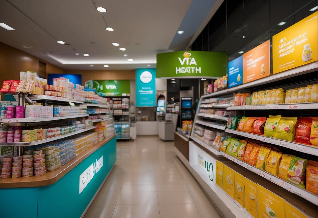 A vibrant display of Vita Health promotions in Singapore, featuring colorful product packages and eye-catching signage