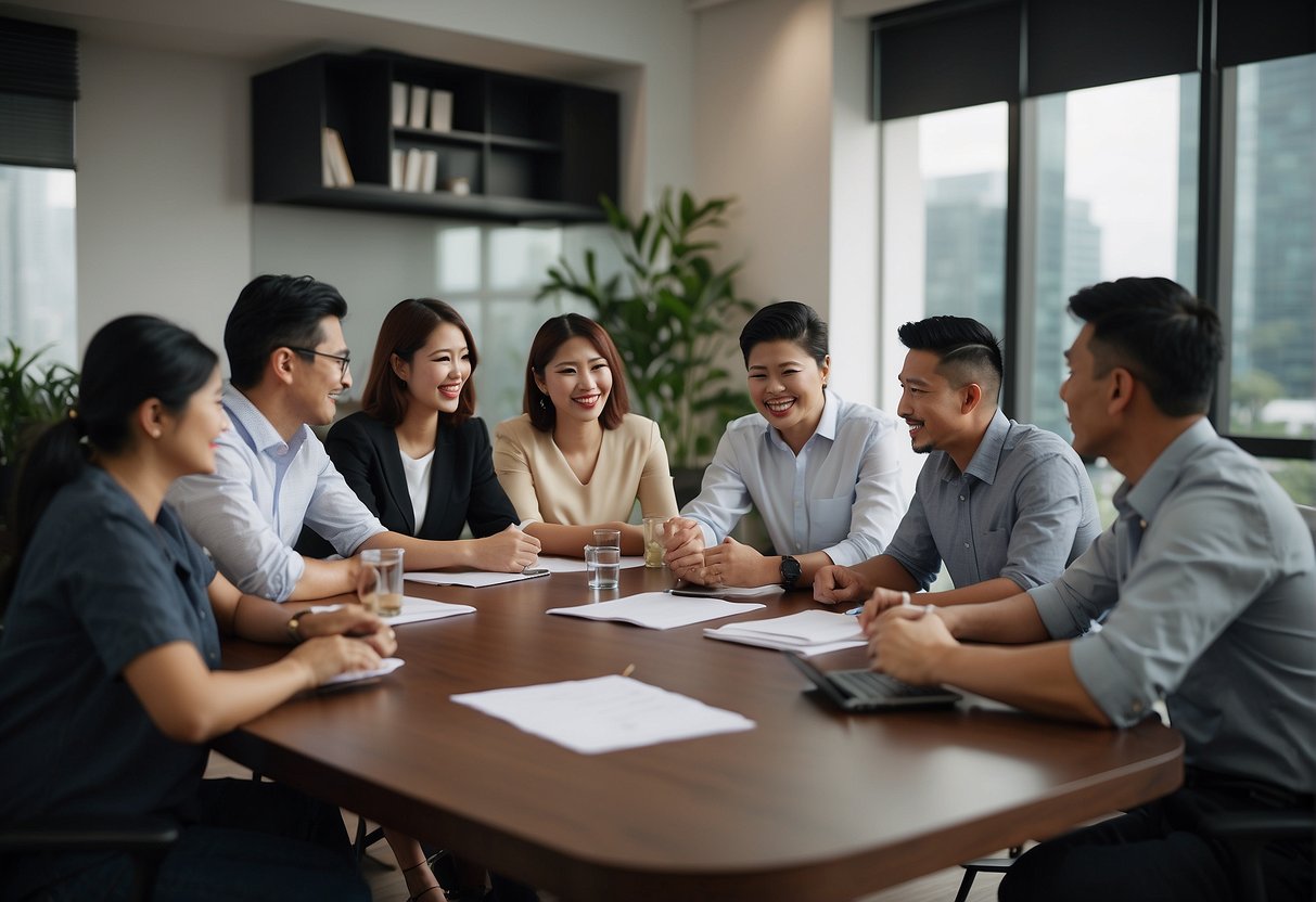 A group of diverse people gather around a table, discussing and brainstorming ideas for promoting unity and funding in Singapore