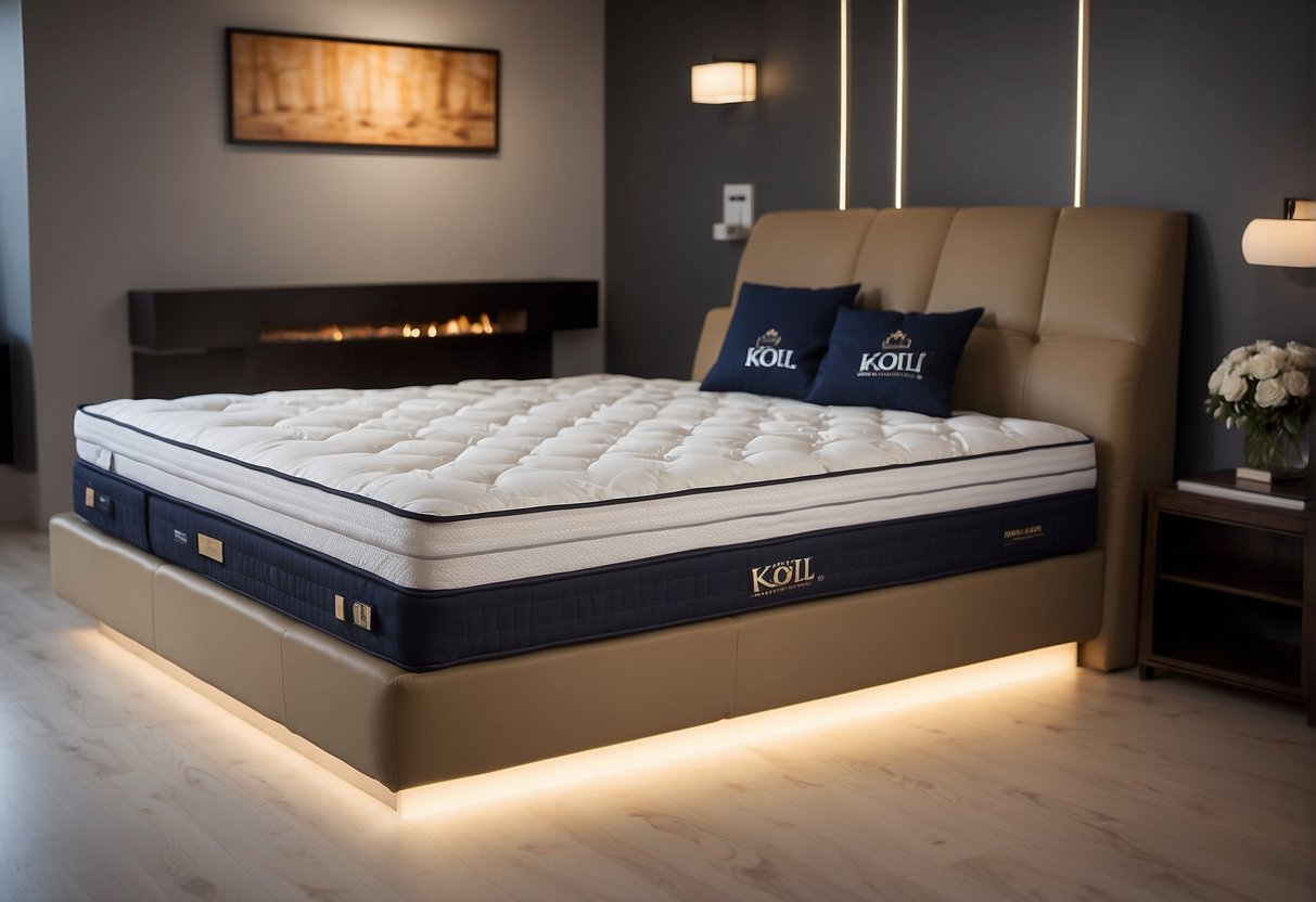 A luxurious King Koil mattress displayed with promotional signage in a bright, modern showroom