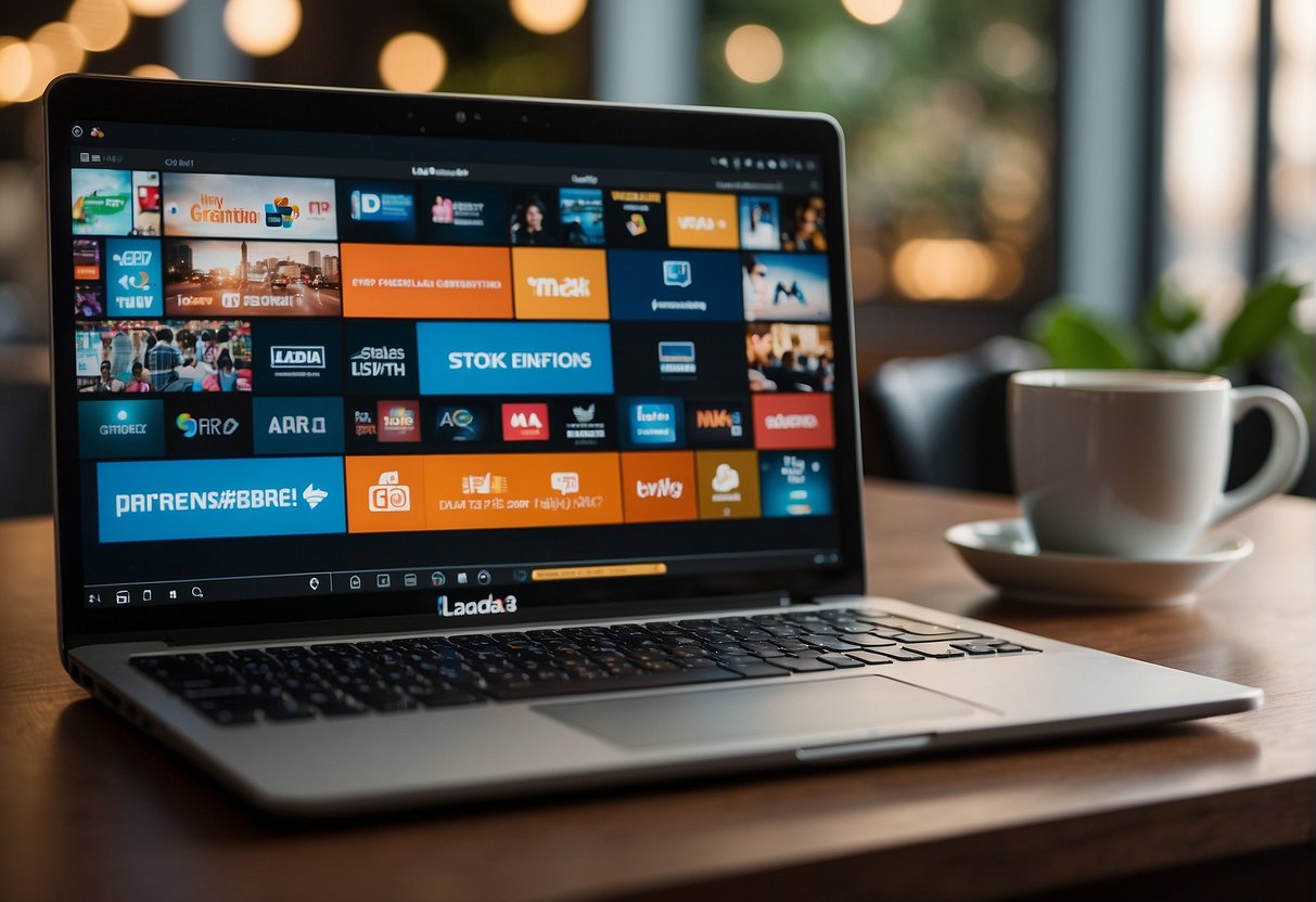 A laptop displaying "Frequently Asked Questions" and Lazada promotions in Singapore, surrounded by various electronic devices and shopping items