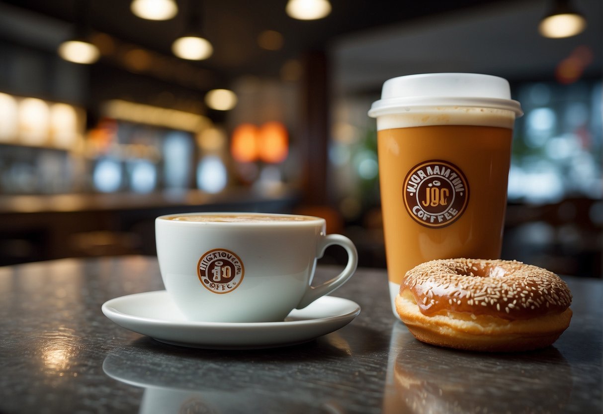 A steaming cup of coffee sits next to a freshly glazed donut, with a promotional sign in the background advertising a combo offer at a JCO location in Singapore