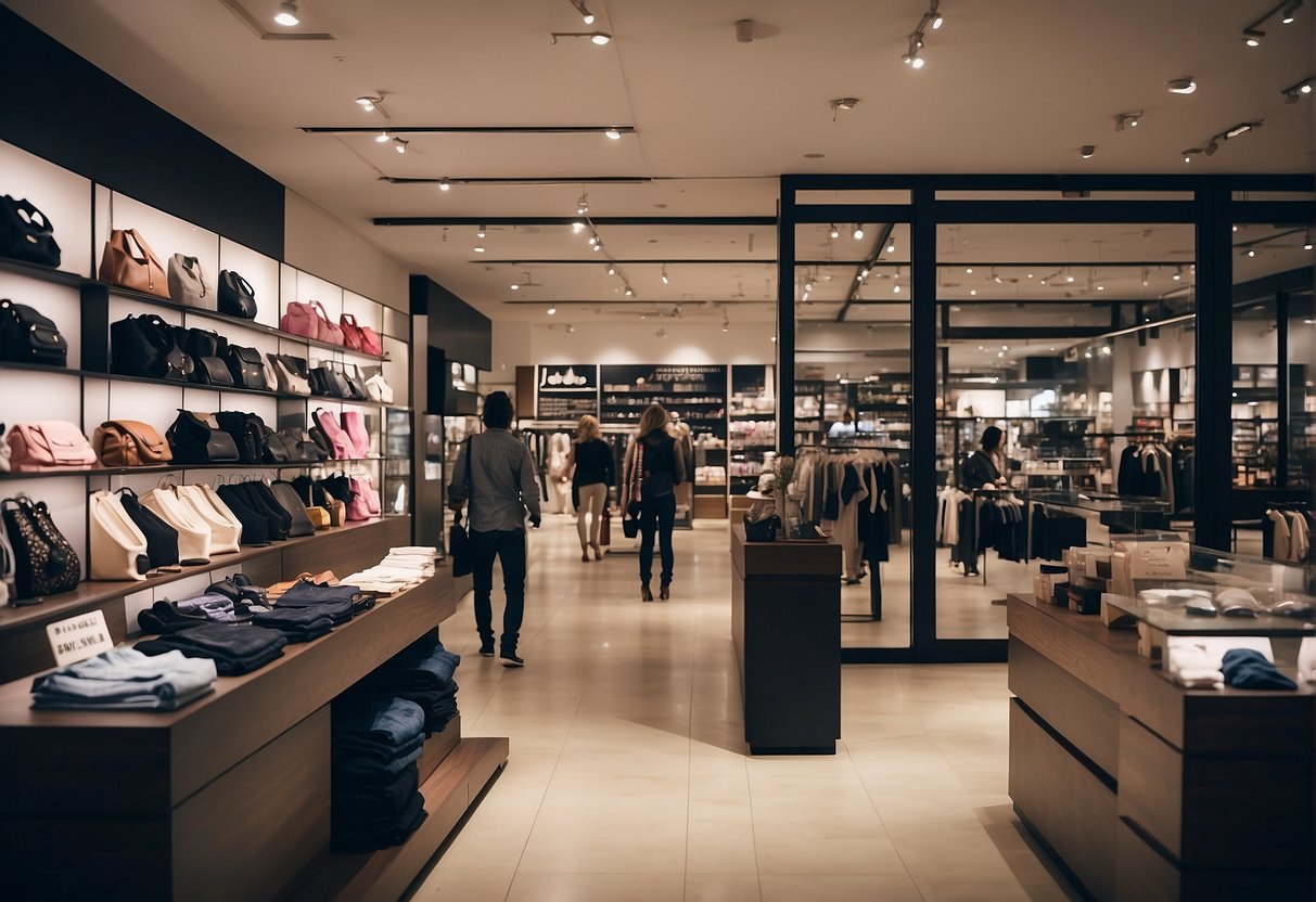 A busy store with bright promotional signage and customers browsing lingerie