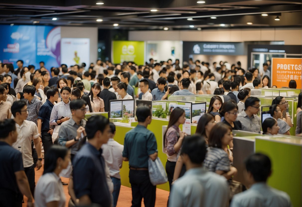 A bustling office with people lining up at a promotional booth, banners and posters displaying "Frequently Asked Questions" and "Unity Promotions Singapore" in the background
